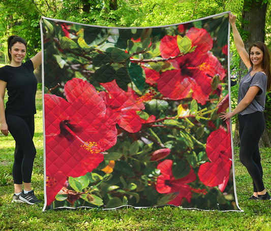 Red Hibiscus Flowers Print Quilt