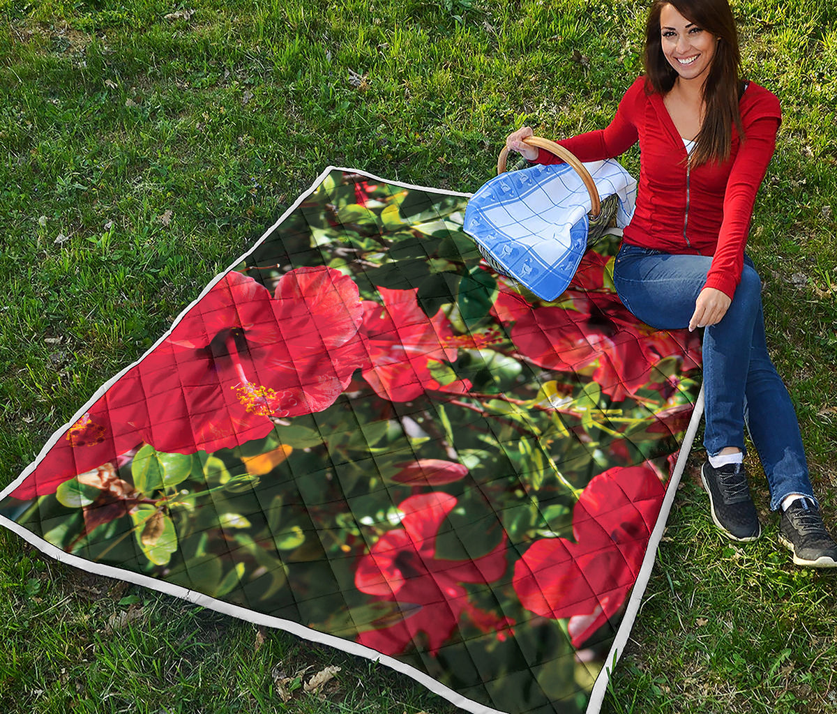 Red Hibiscus Flowers Print Quilt