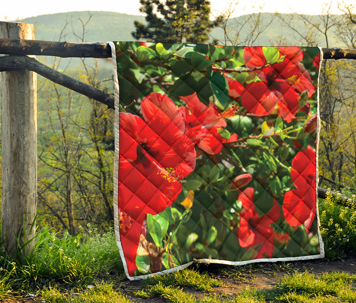 Red Hibiscus Flowers Print Quilt