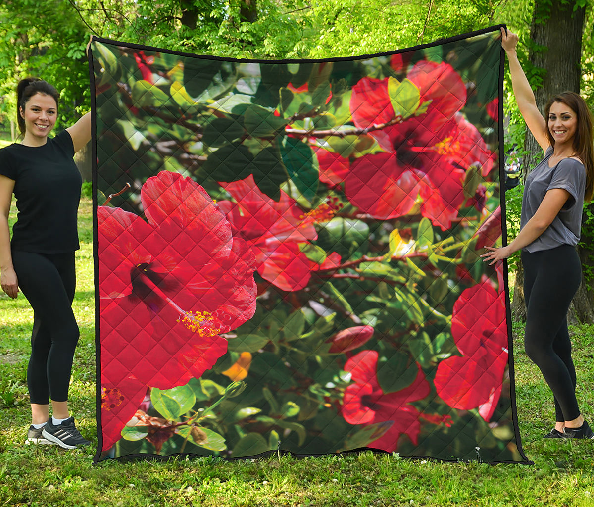 Red Hibiscus Flowers Print Quilt