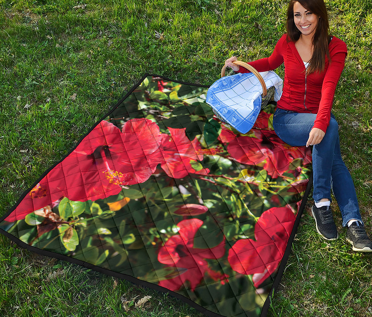Red Hibiscus Flowers Print Quilt