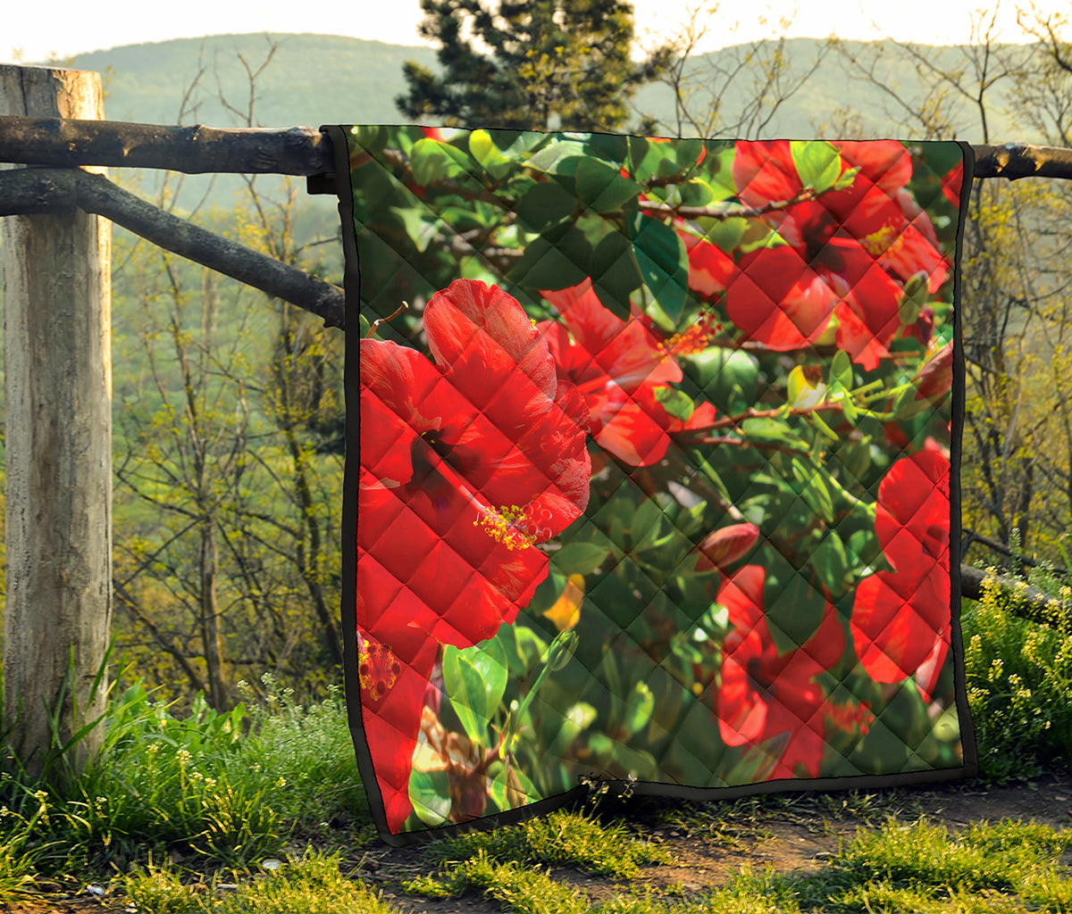 Red Hibiscus Flowers Print Quilt