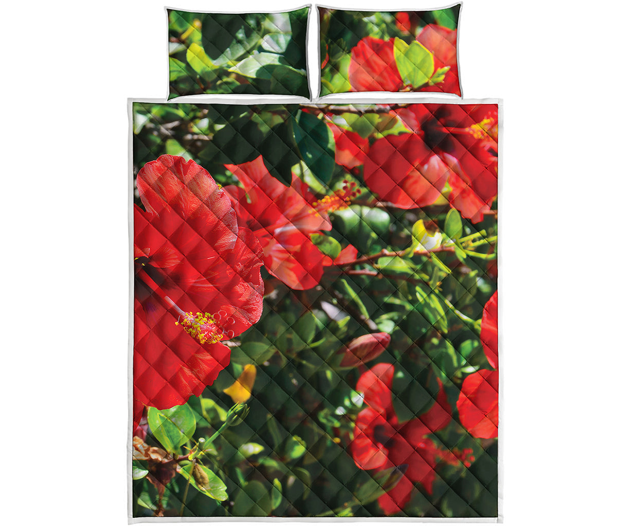 Red Hibiscus Flowers Print Quilt Bed Set
