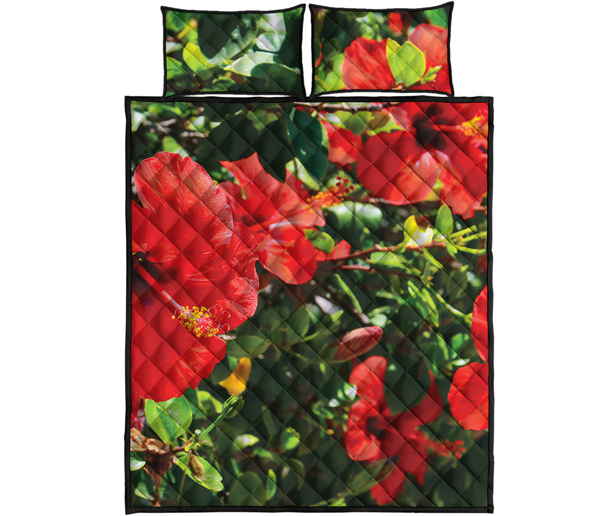 Red Hibiscus Flowers Print Quilt Bed Set