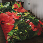 Red Hibiscus Flowers Print Quilt Bed Set