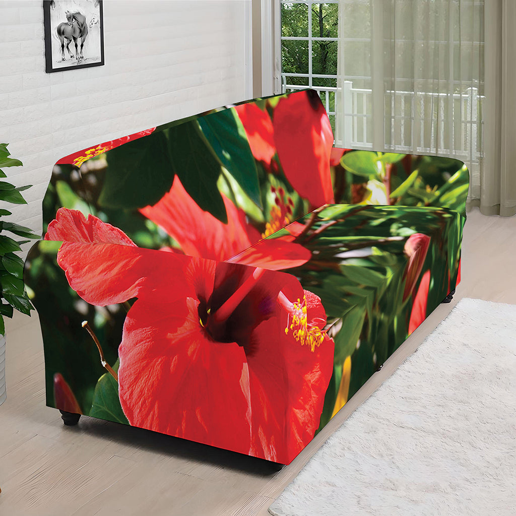 Red Hibiscus Flowers Print Sofa Cover
