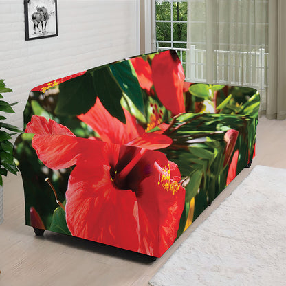 Red Hibiscus Flowers Print Sofa Cover
