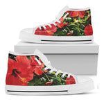 Red Hibiscus Flowers Print White High Top Shoes