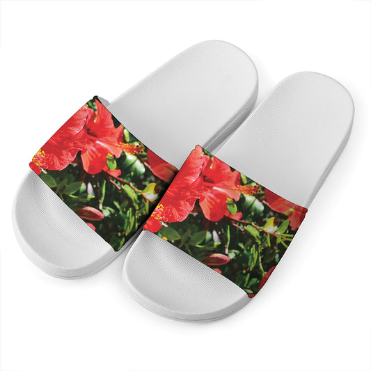 Red Hibiscus Flowers Print White Slide Sandals