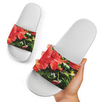 Red Hibiscus Flowers Print White Slide Sandals