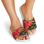 Red Hibiscus Flowers Print White Slide Sandals