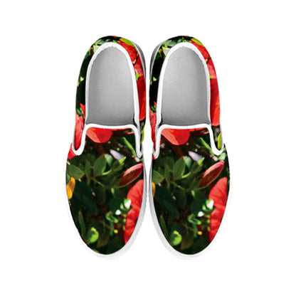 Red Hibiscus Flowers Print White Slip On Shoes