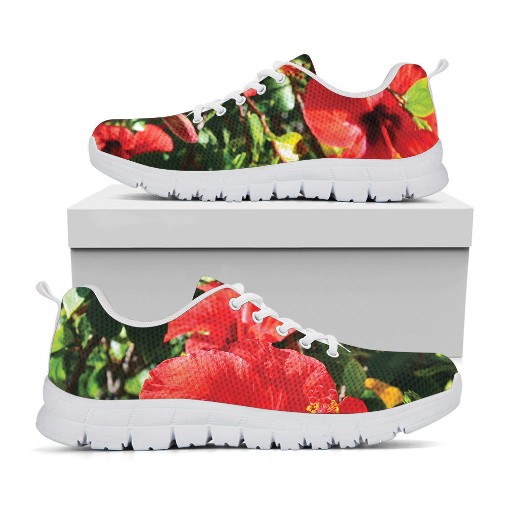 Red Hibiscus Flowers Print White Sneakers