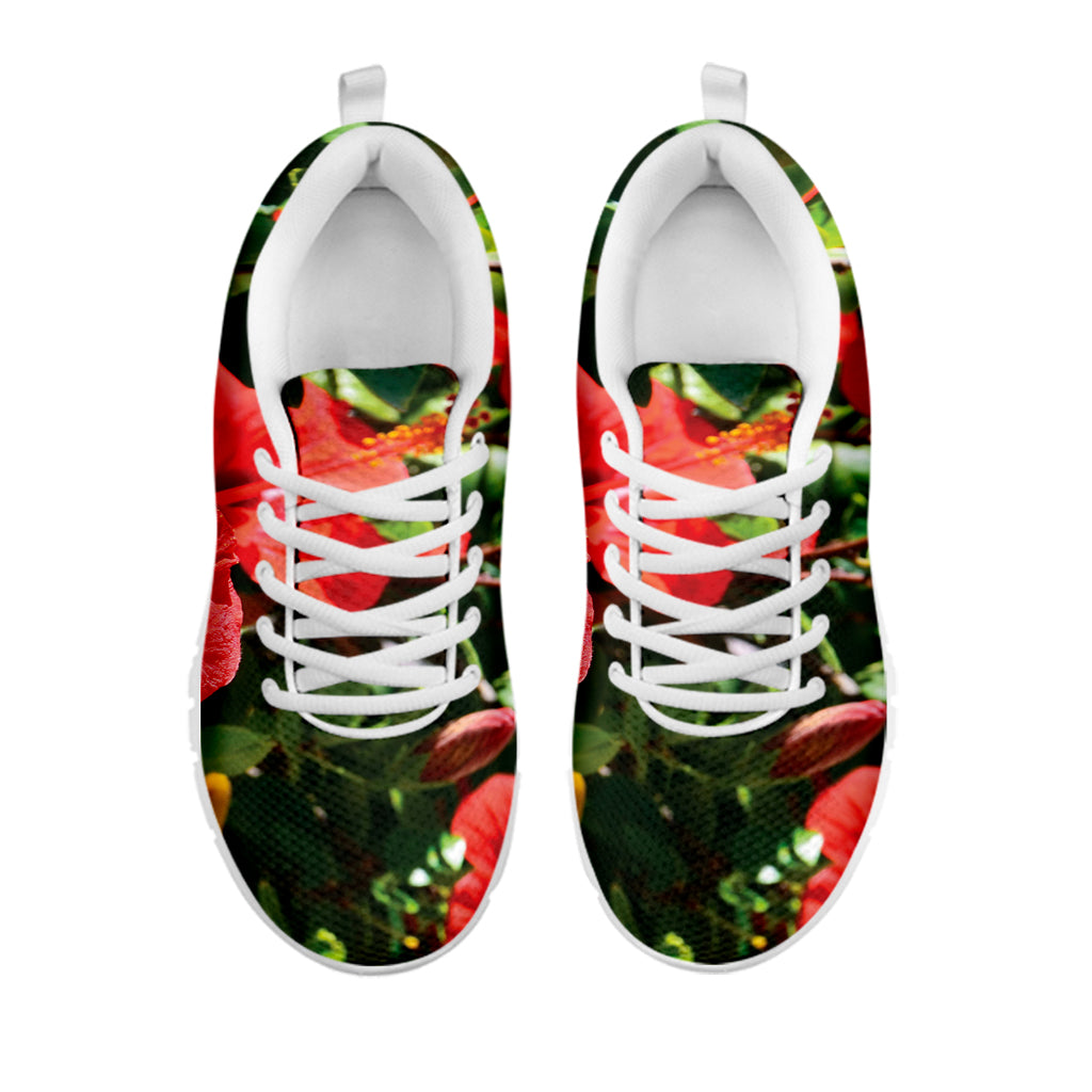 Red Hibiscus Flowers Print White Sneakers