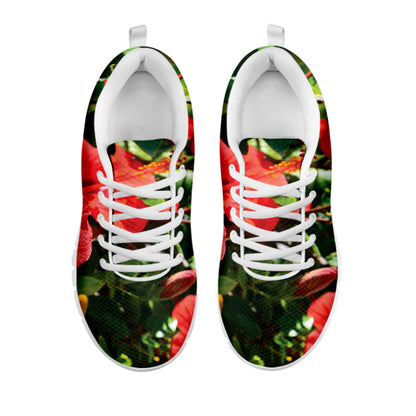 Red Hibiscus Flowers Print White Sneakers