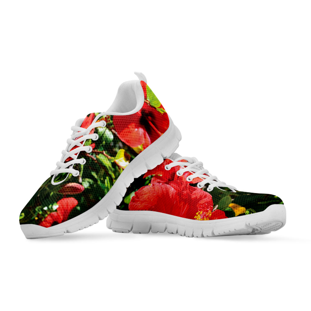 Red Hibiscus Flowers Print White Sneakers