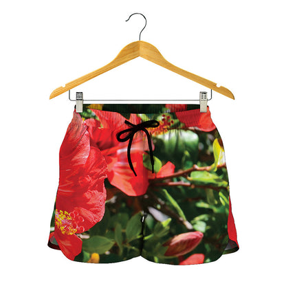 Red Hibiscus Flowers Print Women's Shorts