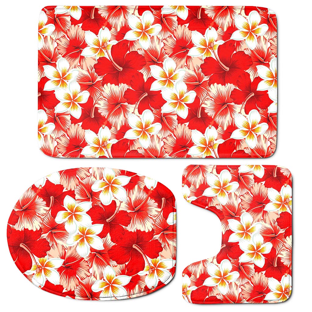 Red Hibiscus Plumeria Pattern Print 3 Piece Bath Mat Set