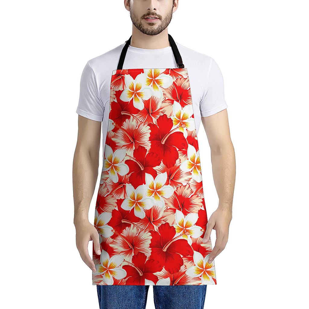 Red Hibiscus Plumeria Pattern Print Apron