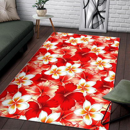 Red Hibiscus Plumeria Pattern Print Area Rug GearFrost