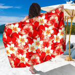 Red Hibiscus Plumeria Pattern Print Beach Sarong Wrap