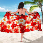 Red Hibiscus Plumeria Pattern Print Beach Sarong Wrap