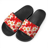 Red Hibiscus Plumeria Pattern Print Black Slide Sandals