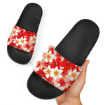 Red Hibiscus Plumeria Pattern Print Black Slide Sandals