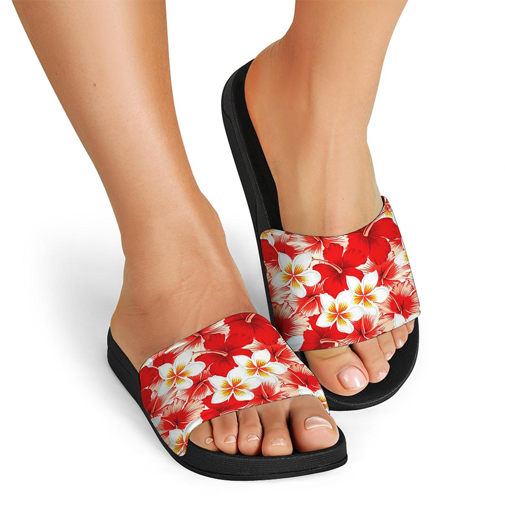 Red Hibiscus Plumeria Pattern Print Black Slide Sandals