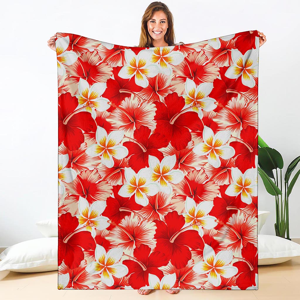 Red Hibiscus Plumeria Pattern Print Blanket