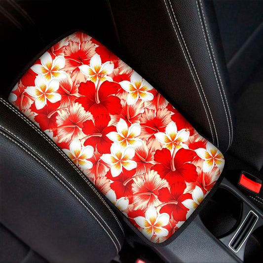 Red Hibiscus Plumeria Pattern Print Car Center Console Cover