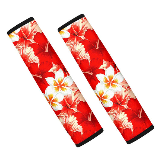 Red Hibiscus Plumeria Pattern Print Car Seat Belt Covers
