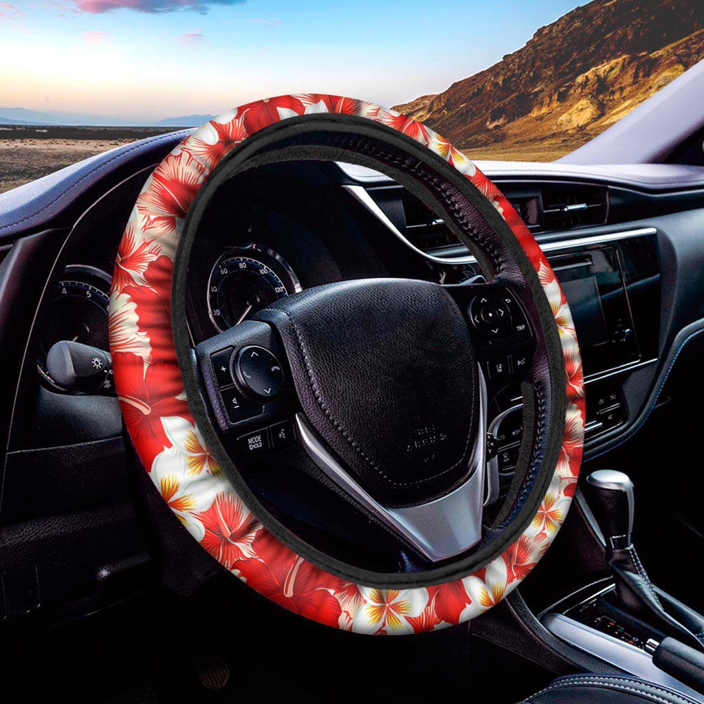 Red Hibiscus Plumeria Pattern Print Car Steering Wheel Cover