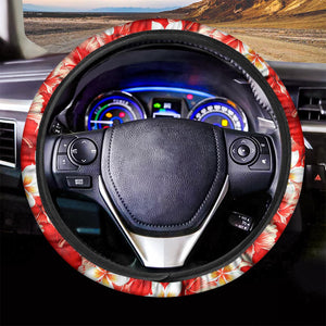 Red Hibiscus Plumeria Pattern Print Car Steering Wheel Cover