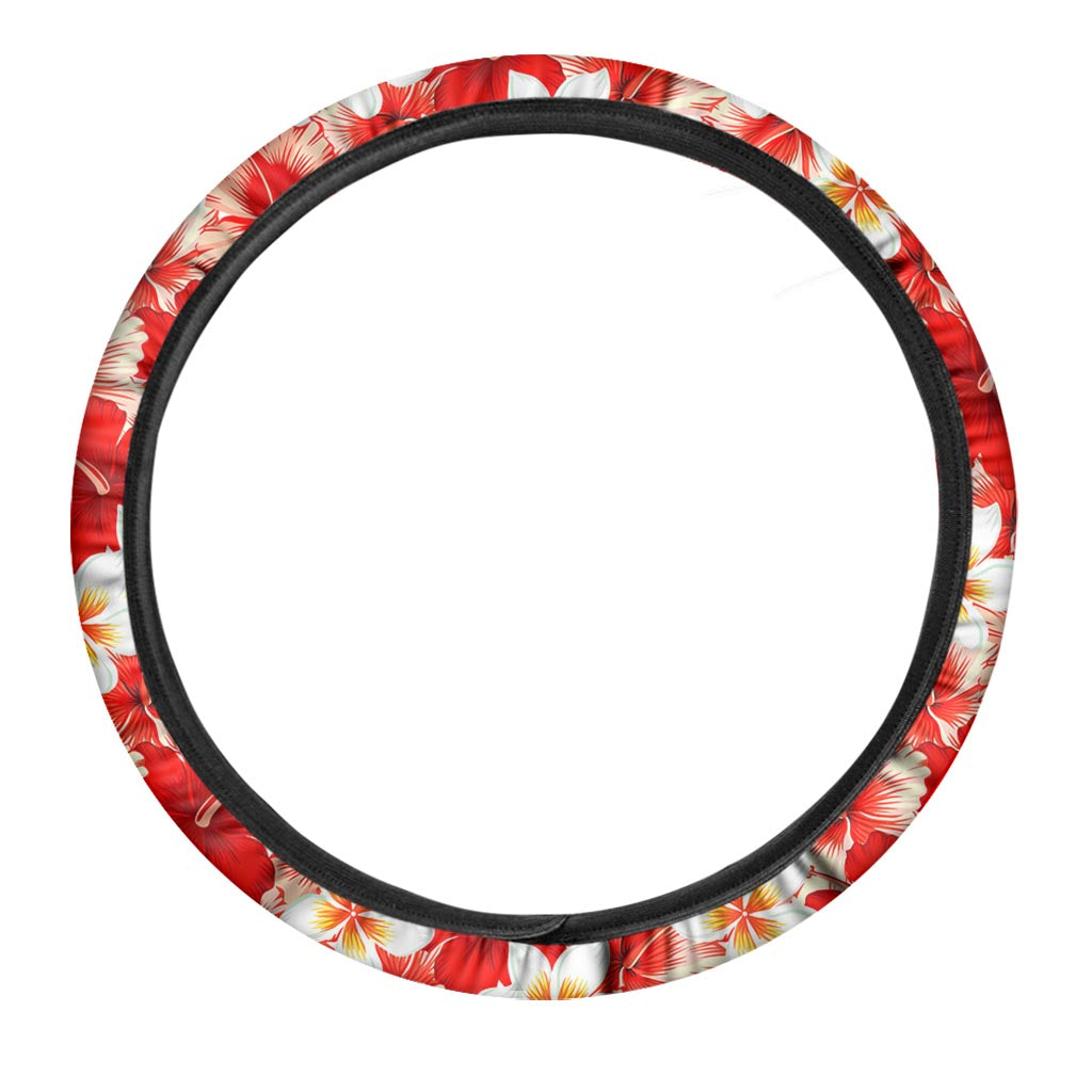 Red Hibiscus Plumeria Pattern Print Car Steering Wheel Cover