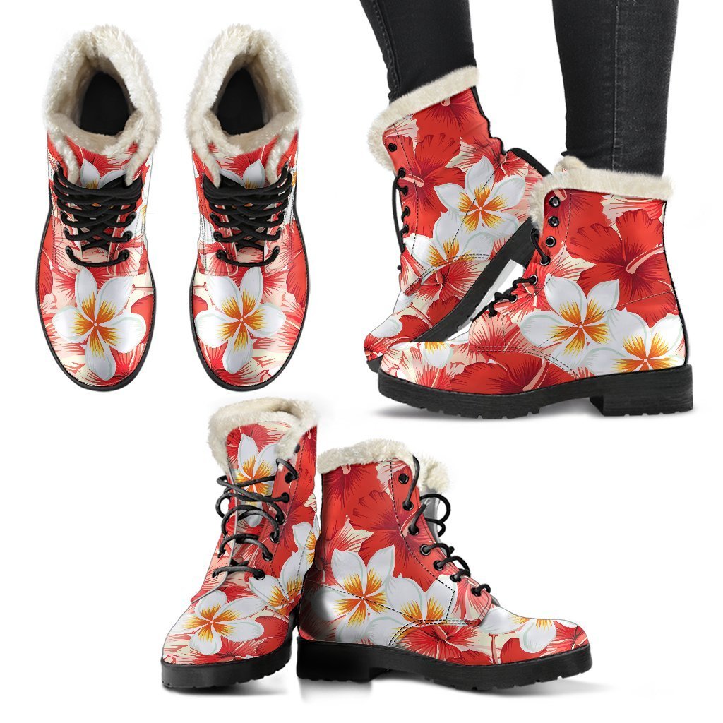 Red Hibiscus Plumeria Pattern Print Comfy Boots GearFrost