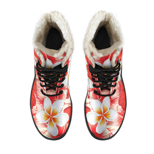 Red Hibiscus Plumeria Pattern Print Comfy Boots GearFrost