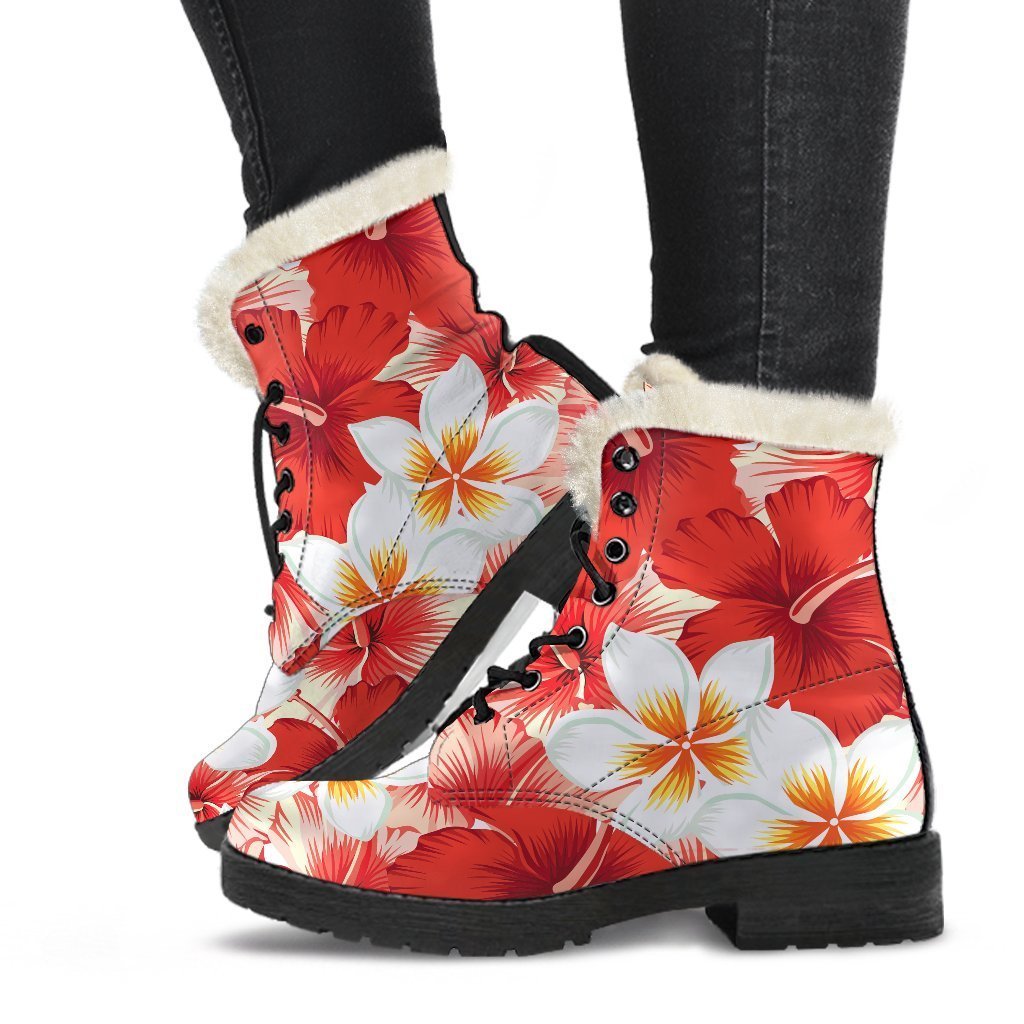 Red Hibiscus Plumeria Pattern Print Comfy Boots GearFrost