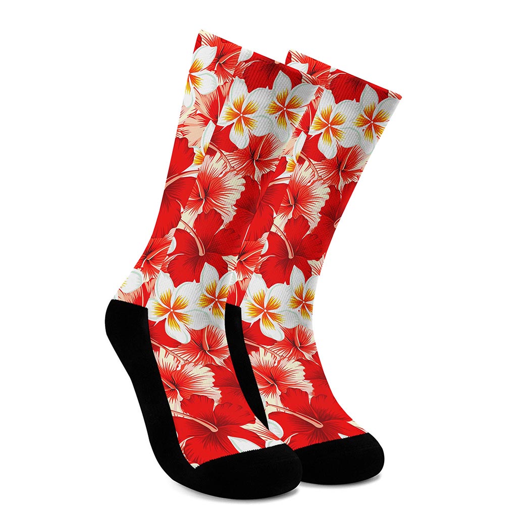 Red Hibiscus Plumeria Pattern Print Crew Socks