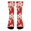 Red Hibiscus Plumeria Pattern Print Crew Socks
