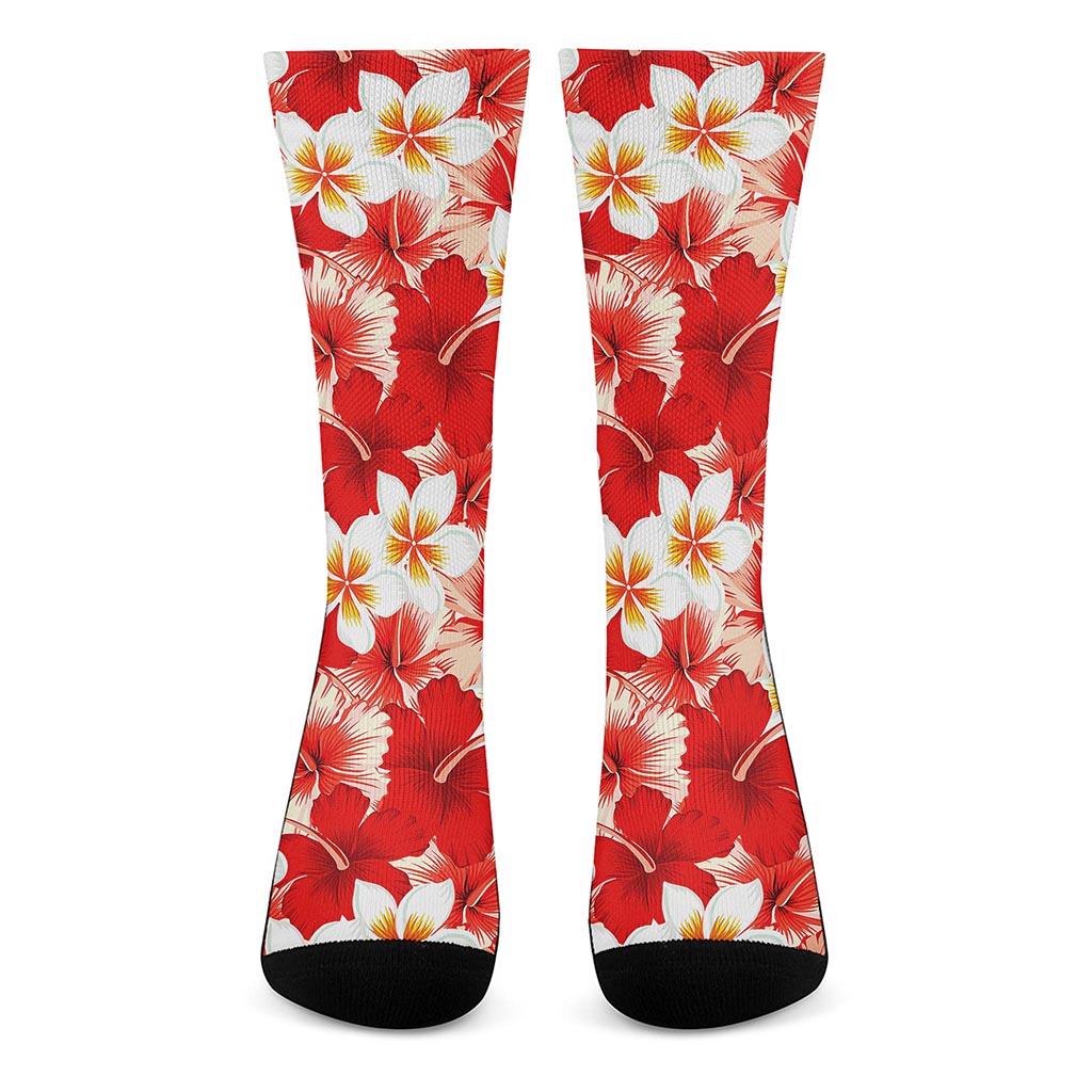 Red Hibiscus Plumeria Pattern Print Crew Socks