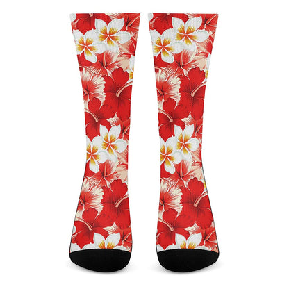 Red Hibiscus Plumeria Pattern Print Crew Socks