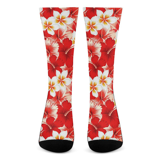 Red Hibiscus Plumeria Pattern Print Crew Socks