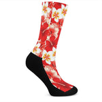 Red Hibiscus Plumeria Pattern Print Crew Socks