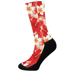 Red Hibiscus Plumeria Pattern Print Crew Socks