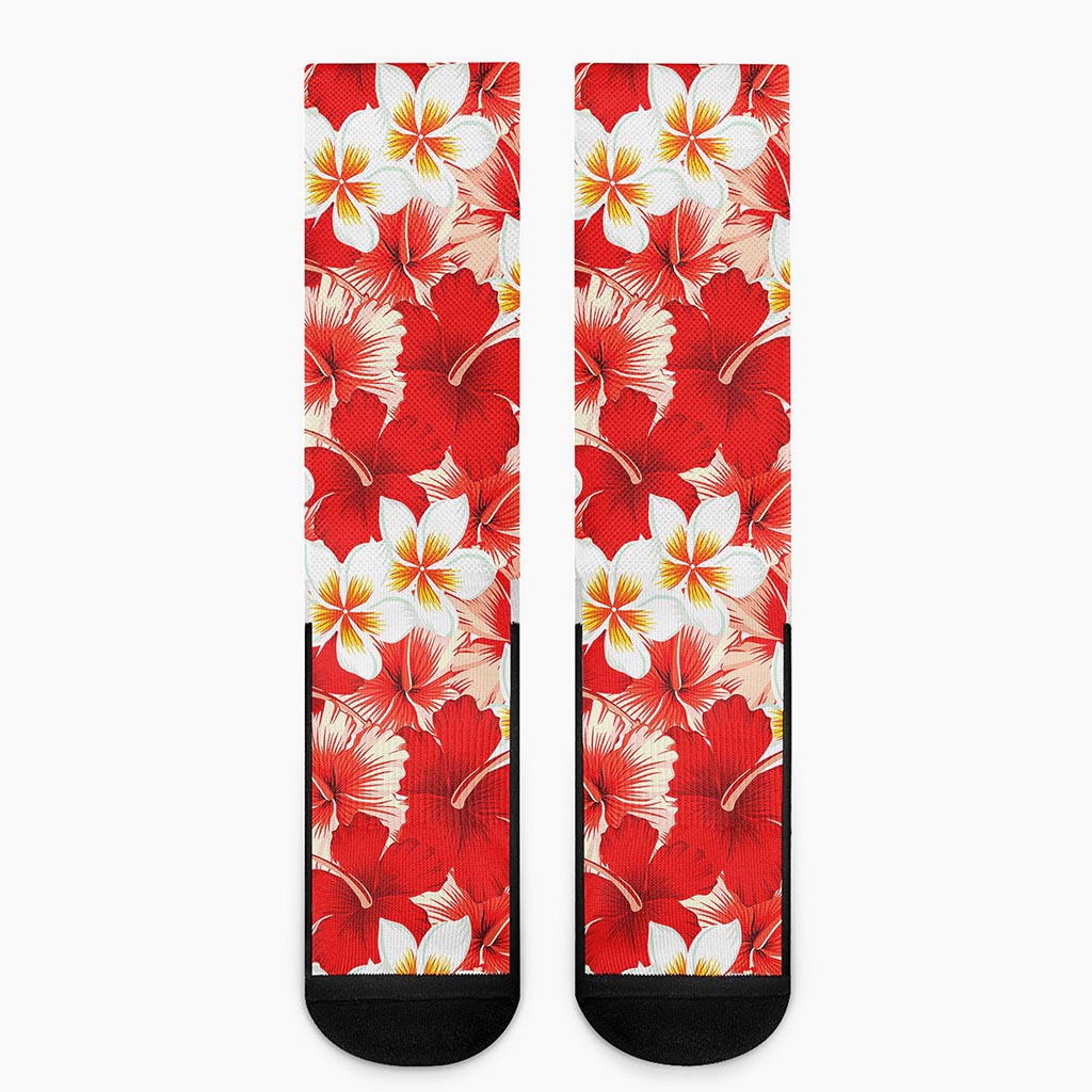 Red Hibiscus Plumeria Pattern Print Crew Socks