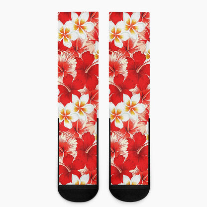 Red Hibiscus Plumeria Pattern Print Crew Socks