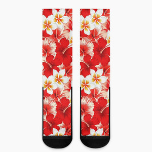 Red Hibiscus Plumeria Pattern Print Crew Socks