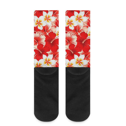Red Hibiscus Plumeria Pattern Print Crew Socks