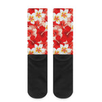 Red Hibiscus Plumeria Pattern Print Crew Socks